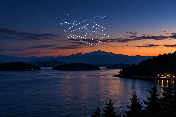 Concept: a seaplane formation in white and blue lights above a coastal inlet, forested islands and mountains at sunset.