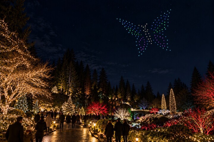 Concept: visitors walk through a garden of seasonal lights beneath a blue and green butterfly formation.