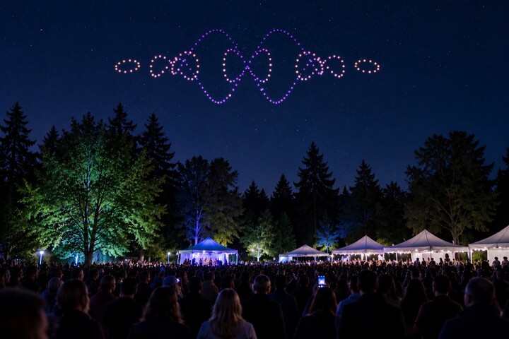 Concept: a festival crowd watches a pink and violet abstract formation above illuminated tents and trees.
