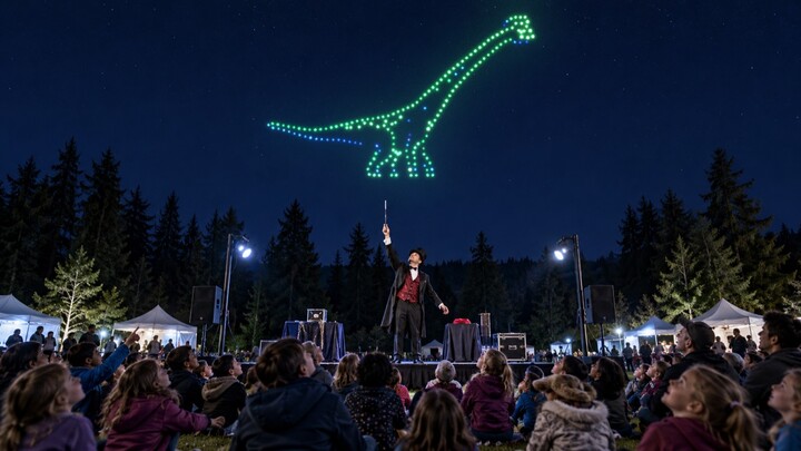 Concept: children and families watch a magician beneath a green sauropod drone formation at an outdoor evening event.