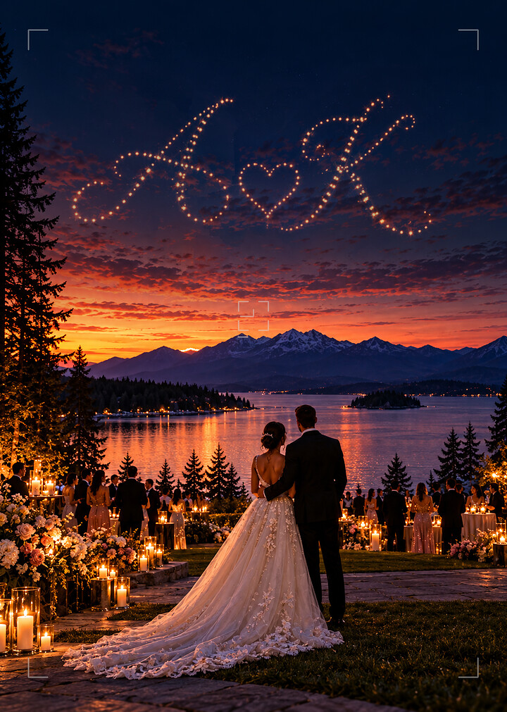 Concept visualization: a bride and groom stand together at a candlelit lawn reception above the sea at sunset, facing their initials drawn in points of light over the mountains.