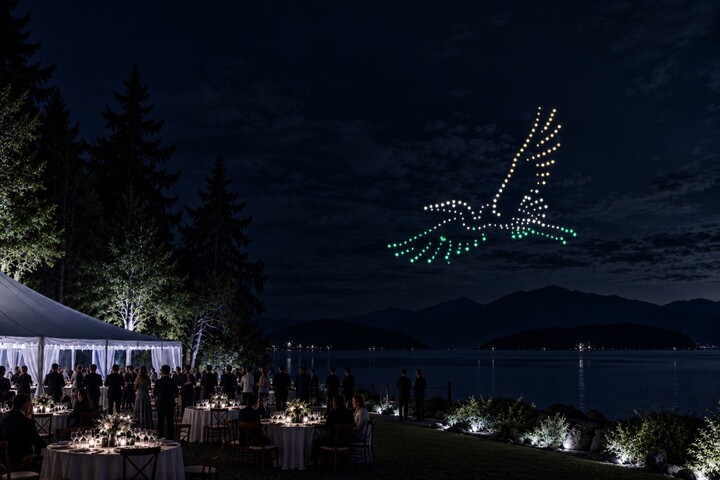Concept: guests at a waterfront wedding reception watch a heron formation above the bay, beside a softly lit marquee.